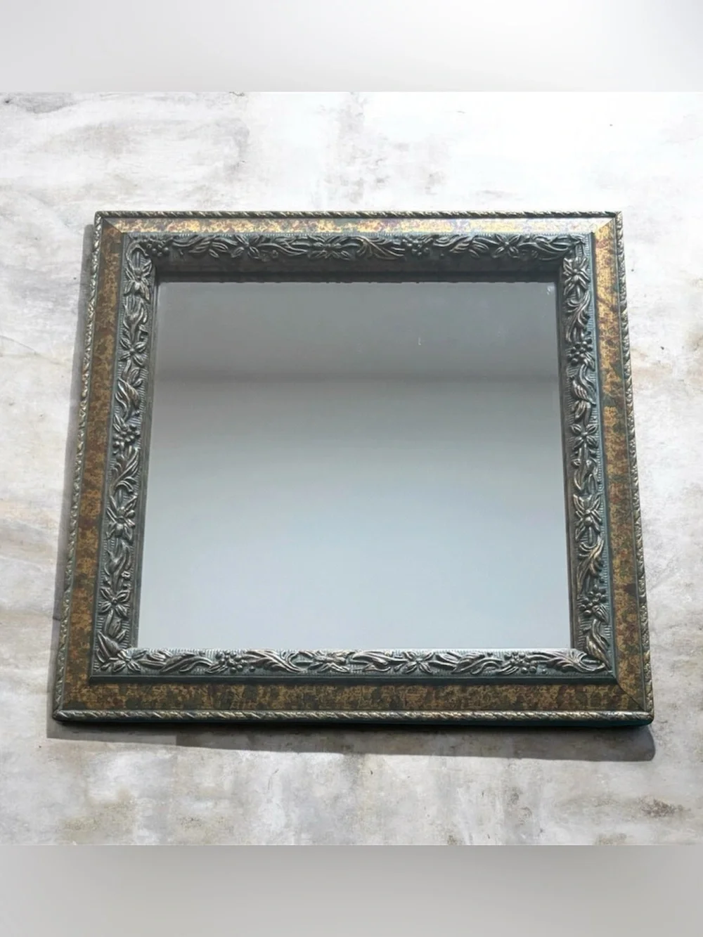 Vintage Ornate Square Wall Mirror – Gold Gilt with Blue & Red Accents